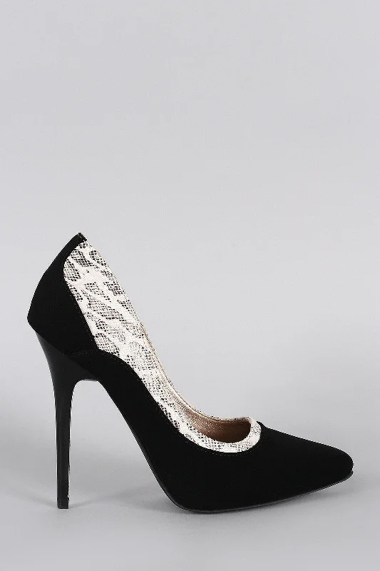 Women's charcoal gray stiletto heel pumps for a neutral yet stylish optionQupid Snake Print Pointy Toe Stiletto Pump