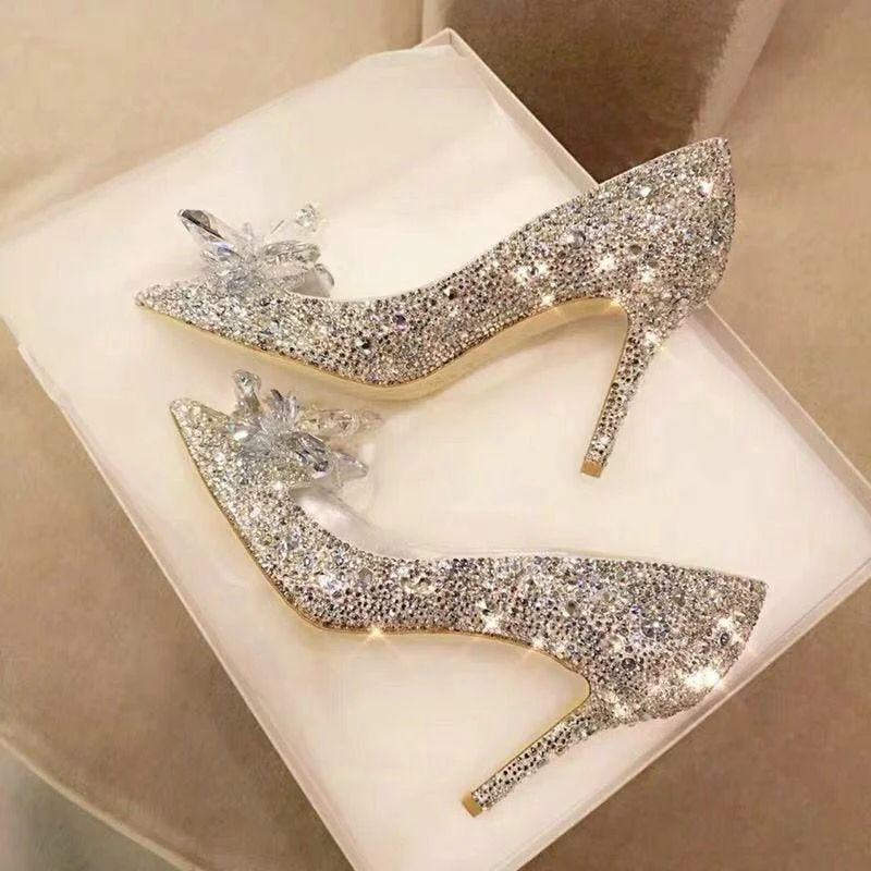 Women's pointed - toe slingback stiletto heel pumps in a peep - toe designGoldish Crystal Heels Pumps Shoes