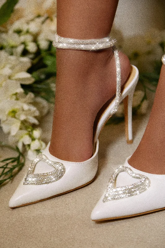 Women's pointed - toe slingback stiletto heel pumps in a peep - toe designAll For Love Heart Embellished High Heels - White