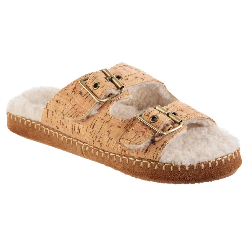 Women's Shearling Lined Slippers with a Fleece Upper in Tan for Ultimate WarmthWomen's Sustainable Camden Double Buckle Slide with Cloud Cushion® Comfort