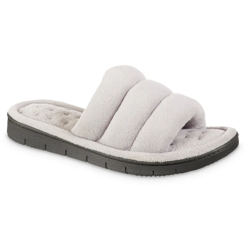 Women's Knitted Cable Pattern Slippers with a Non - Slip Sole in Cream for Indoor ComfortWomen's Microterry Aster Slide with Enhanced Heel Cushion