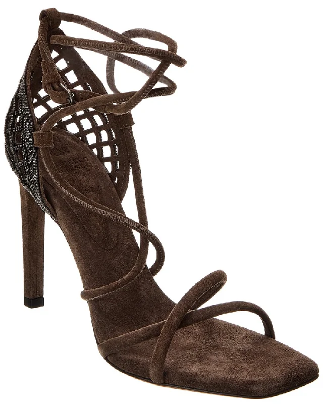 Women's Sandals with a Glitter - Coated Strap in Gold for a Sparkly Summer OutfitBrunello Cucinelli Suede Sandal