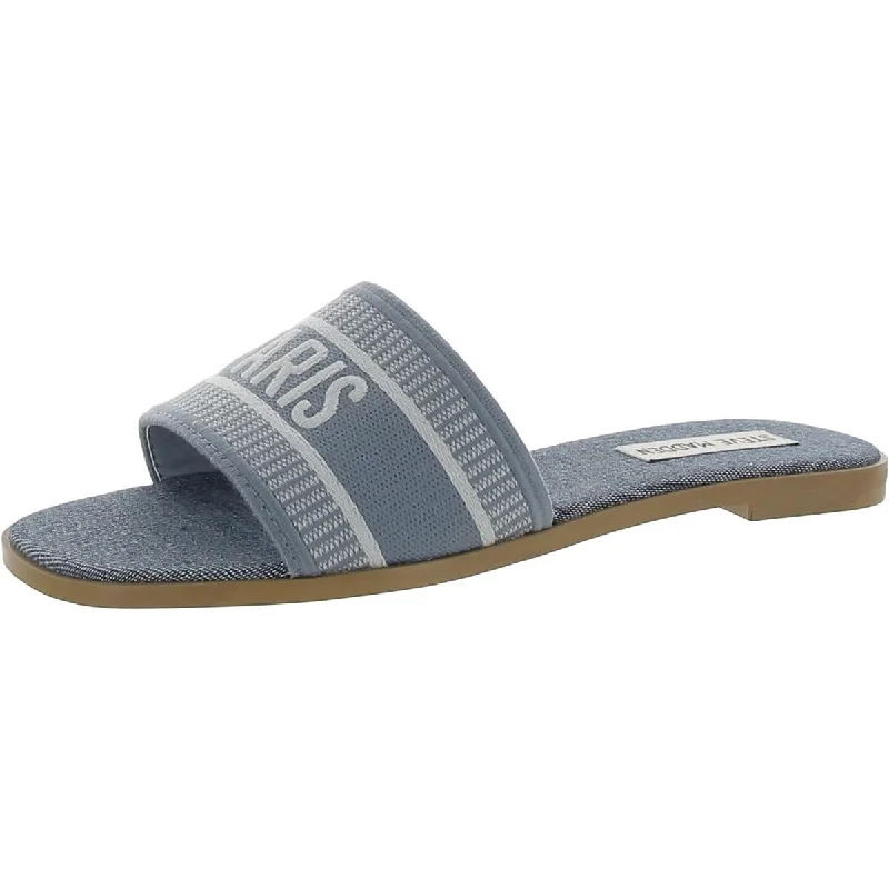 Women's Cork - Soled Espadrille Sandals with a Rope - Trimmed Upper in Navy for a Summer VibeWomen's Cork - Soled Espadrille Sandals with a Rope - Trimmed Upper in Navy for a Summer VibeSteve Madden Womens Knox Embroidered Slip-On Slide Sandals