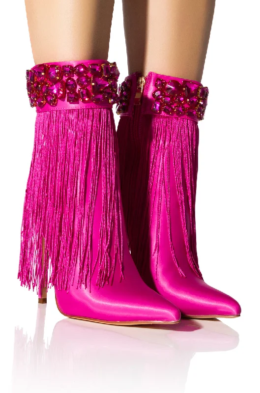 Women's Knee - High Leather Riding Boots in Black for a Classic Equestrian LookAZALEA WANG AVERI EMBELLISHED FRINGE BOOTIE IN PINK