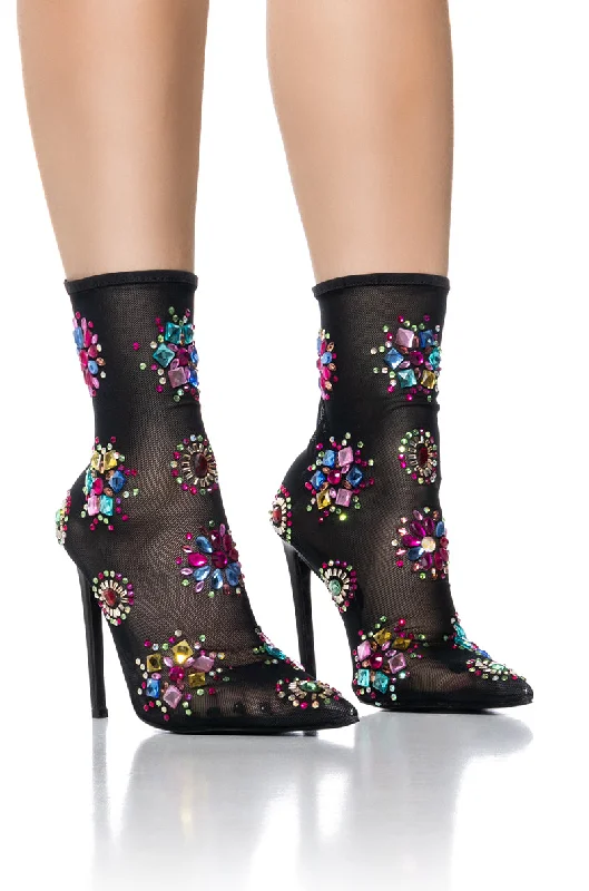 Women's Lace - Trimmed Knee - High Boots in Ivory for a Feminine and Elegant EnsembleAZALEA WANG FAIRGROUND MULTI GEM CLUSTER MESH BOOTIE