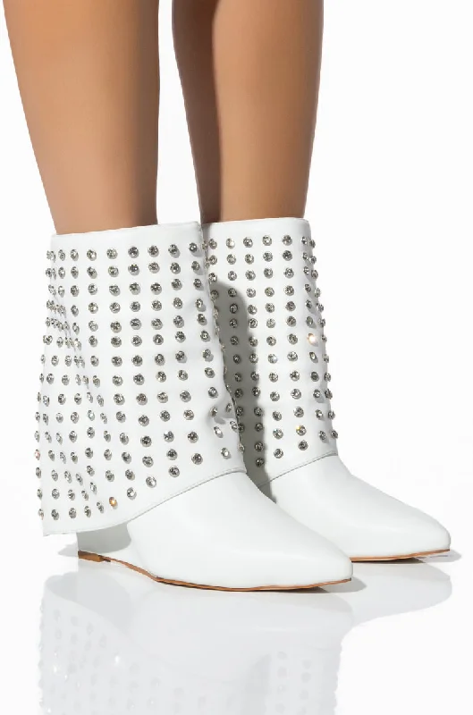 Women's Ankle Booties with Faux Leather and Furry Cuffs in Tan for a Cute and Warm StyleAZALEA WANG MARINA STUDDED FOLD OER BOOTIE IN WHITE