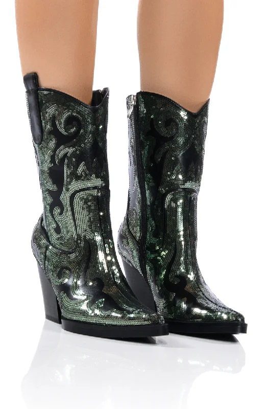 Plus Size Women's Snake Print Knee - High Boots in Brown for a Fashion - Forward StatementAZALEA WANG MERRIL SEQUIN WESTERN BOOTIE IN BLACK