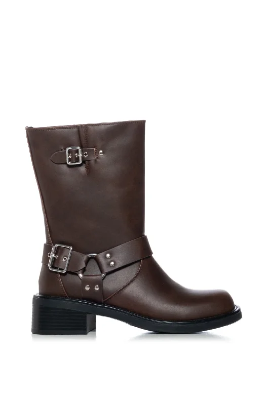 Women's Leather Motorcycle Boots in Dark Brown with Silver Hardware for a Cool Biker LookAZALEA WANG POLARIS MID CALF BOOTIE