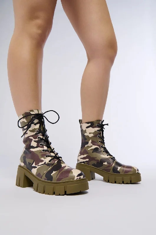 Women's Thigh - High Stretch Boots in Black for a Sexy and Alluring OutfitAZALEA WANG SAYONA CAMO COMBAT BOOTIE