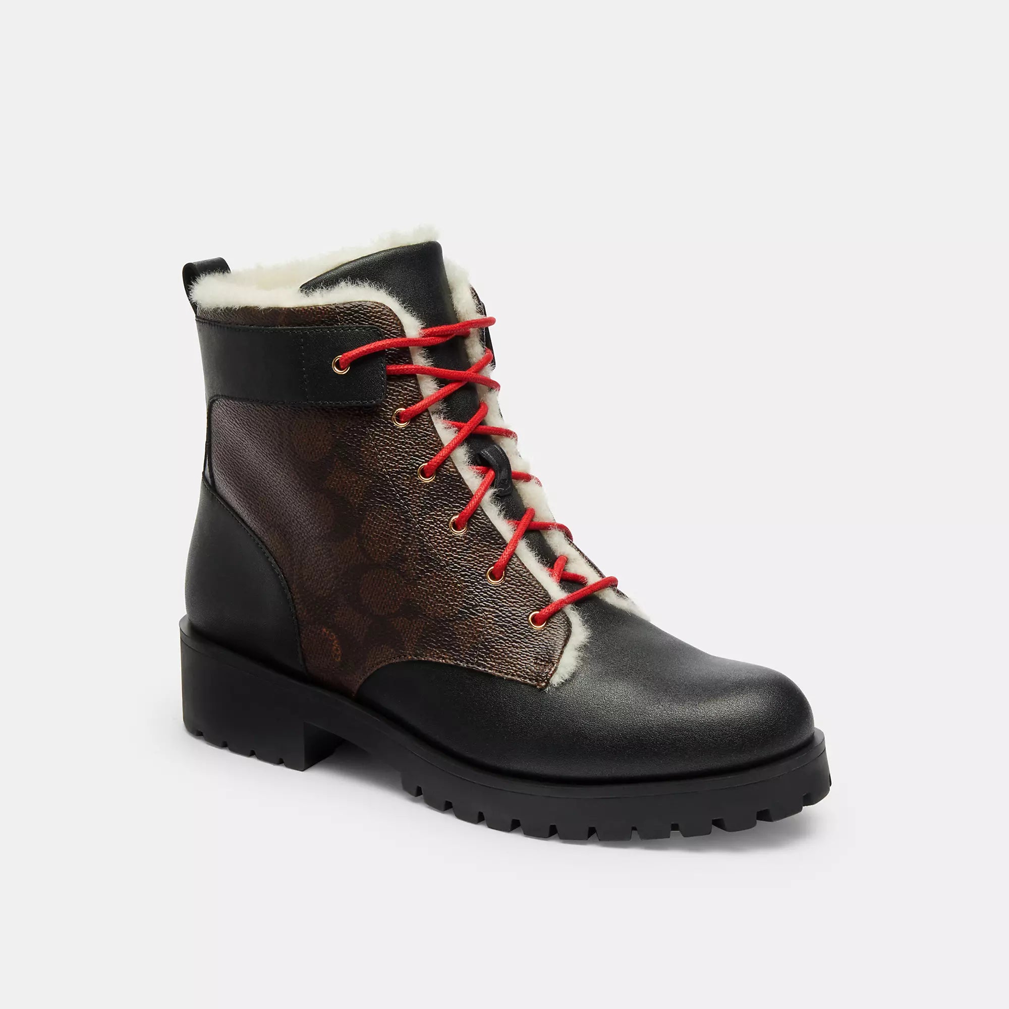 Women's Leather Motorcycle Boots in Dark Brown with Silver Hardware for a Cool Biker LookCoach Outlet Lorraine Bootie In Signature Canvas