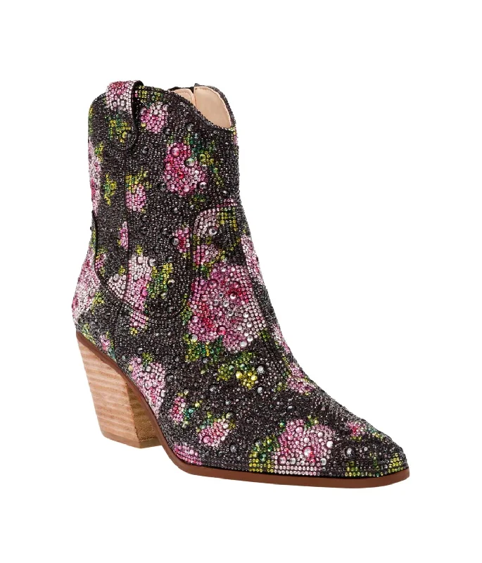 Women's Chunky - Heeled Chelsea Boots in Gray for a Casual and Trendy Everyday LookWomen Rhinestone Ankle Boots In Diva Black Floral